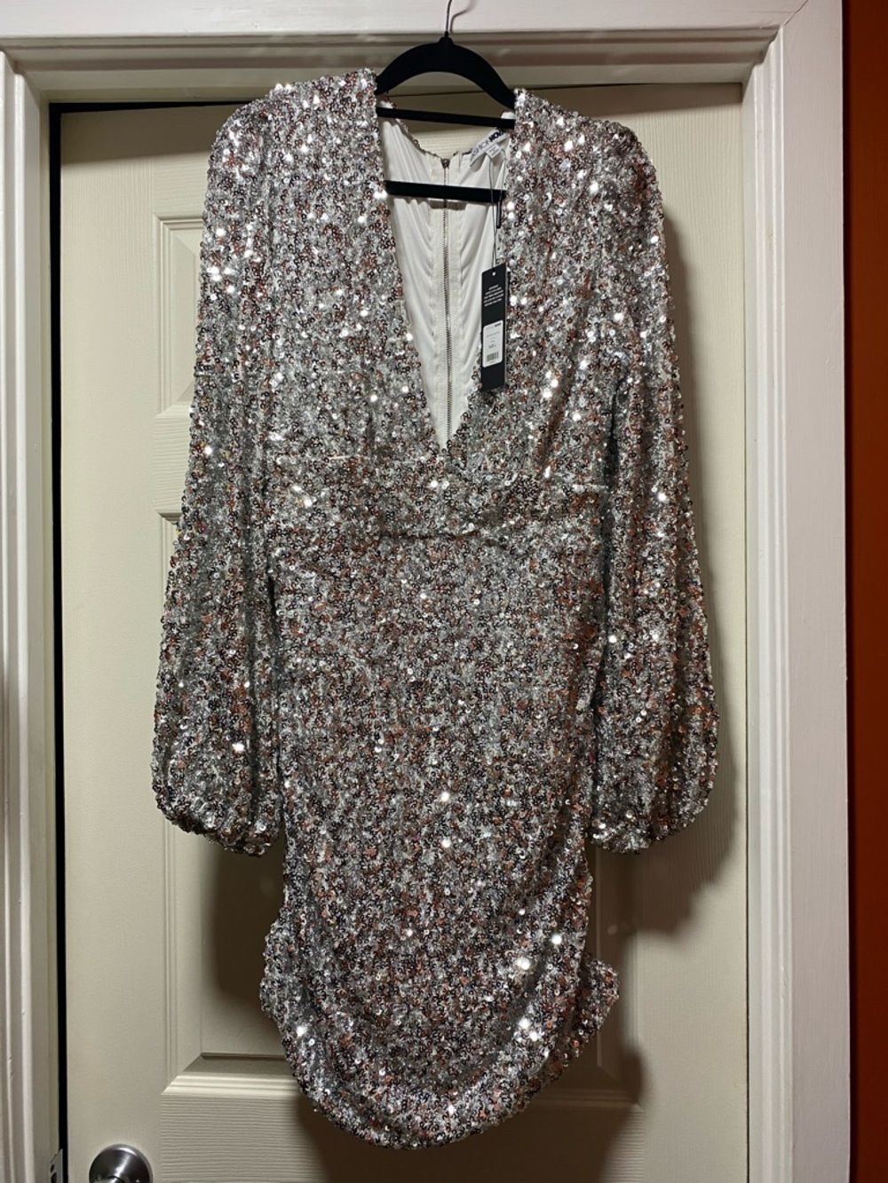 Fashion Nova Silver Sequin Long-Sleeve Mini Dress
